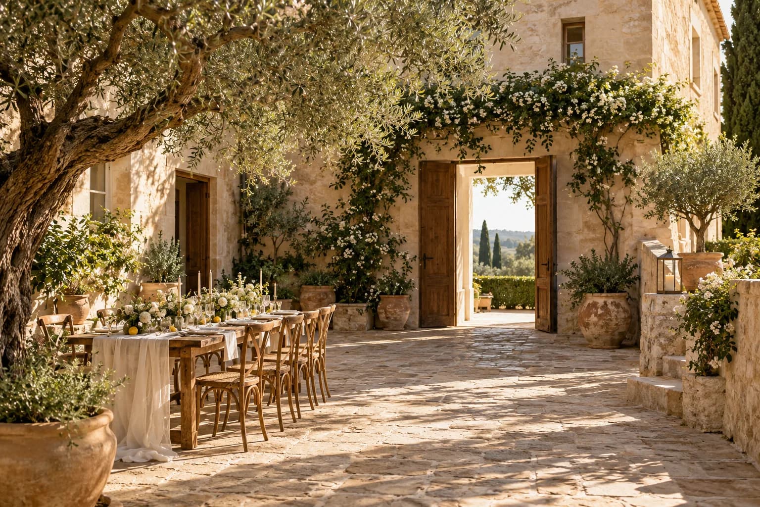 Villa Aurora's courtyard among olive trees, jasmine and pale stone.