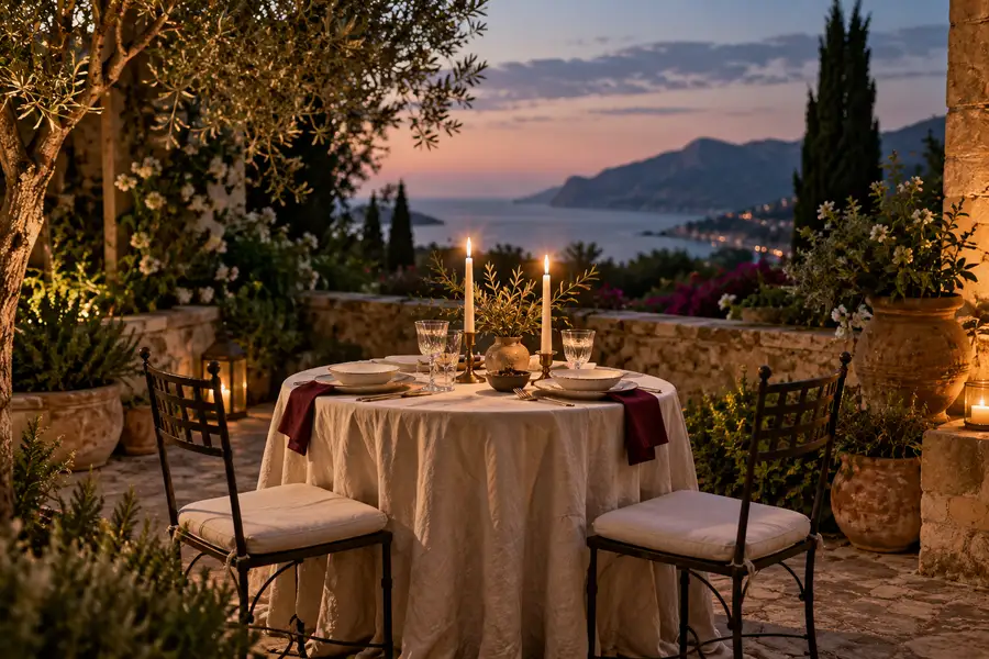 A candlelit table for two beside the sea.