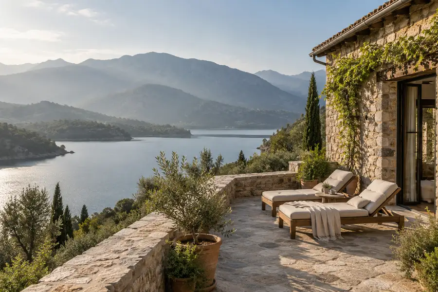 A stone terrace with two loungers overlooking a lake among mountains.