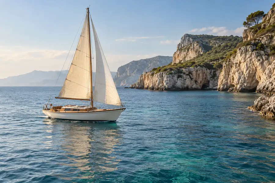 A sailboat on calm water beside a pale limestone cove.