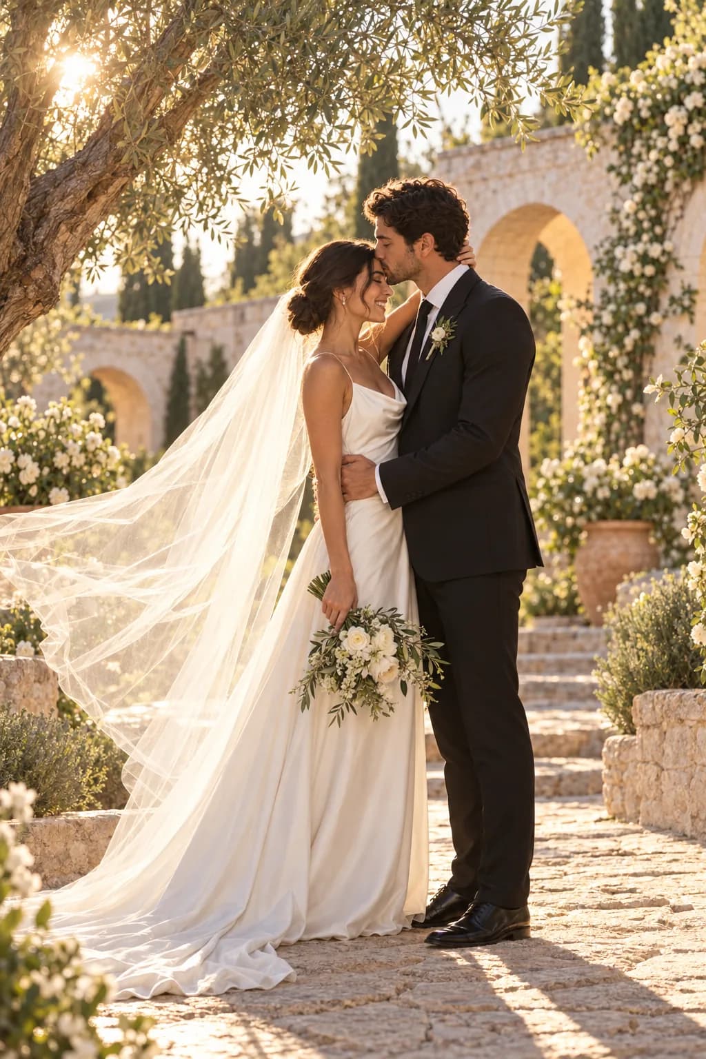 A romantic embrace among olive trees and flowers, with the veil in the breeze.