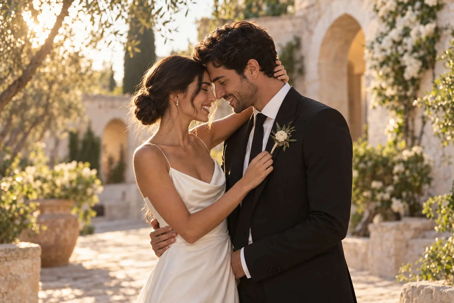 Lucía and Gabriel embracing in the evening light.
